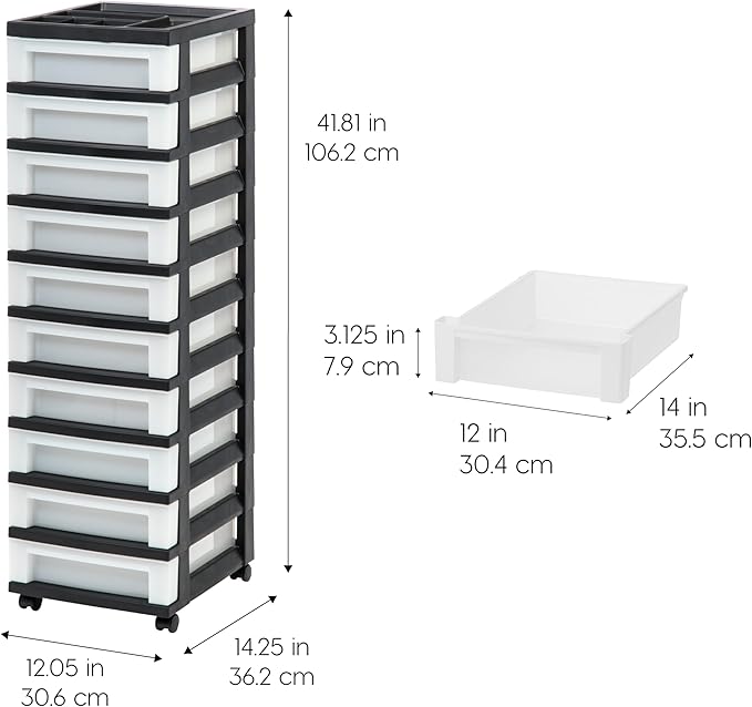 IRIS USA Plastic Drawer Storage Organizer Rolling Cart, with Wheels Casters, 10-Drawers, for Classroom Art Craft Supplies Dresser Closet Bathroom Laundry Room, Black/Pearl