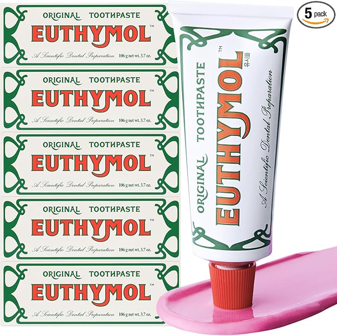 EUTHYMOL Original Pink Toothpaste, Fluoride-Free | 3.7 fl oz*5 (5 Pack) | Fluoride-Free Toothpaste for Sensitive Teeth & Gum. Bad Breath, Cavity Prevention, 12-Hour Long Lasting Freshness