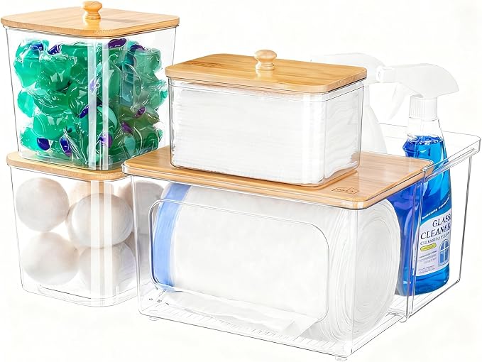 iCASA Trash Bag and Pod Dispenser - 5 in 1 Acrylic Under Sink Organizer with Bamboo Lid, Holds Garbage Bags, Dishwasher Pods, Laundry Tabs, Dryer Sheets & Balls for Kitchen, Pantry, Laundry Room