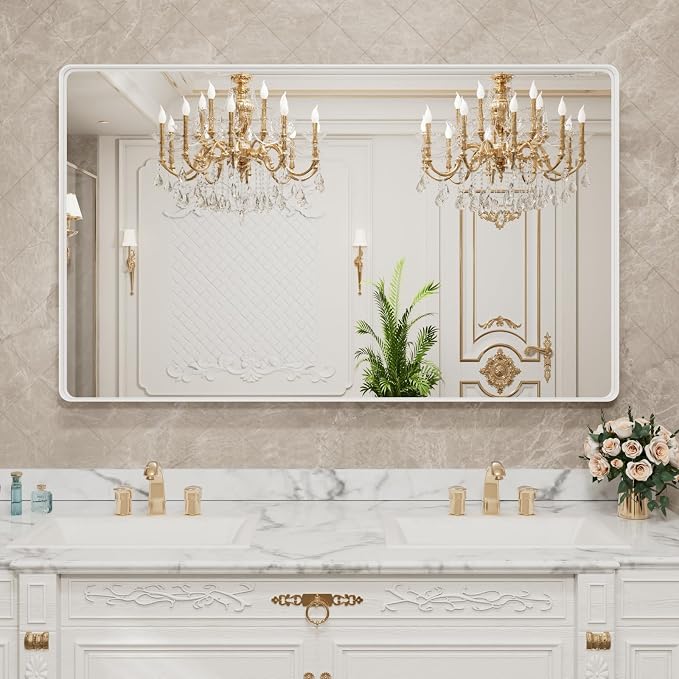 LOAAO 60x36 Inch White Metal Framed Bathroom Mirror for Wall, White Bathroom Vanity Mirror Farmhouse, Large Rounded Rectangle Mirror, Anti-Rust, Tempered Glass, Hangs Horizontally or Vertically