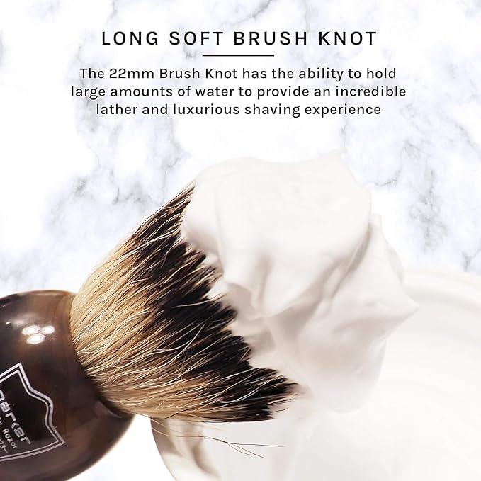 Parker 100% Silvertip Badger Shaving Brush – Faux Horn Handle, Long Loft 22 mm Knot, Chrome Base & Resin Stand – Rich Lather, Soft Bristles for Comfortable Shaving