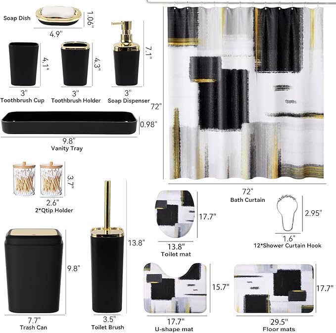 XLHOMO Bathroom Accessories Set - 25PC Bathroom Set with Shower Curtain and Rugs, Black Bathroom Set, Bathroom Accessory Set with Press-on Lid Trash Can, Soap Dispenser and Qtip Holders