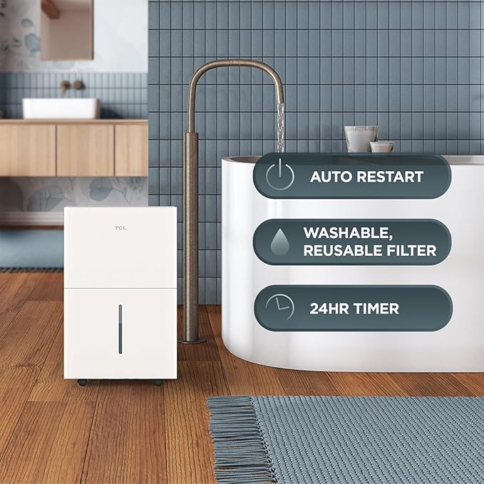 TCL 50-Pint Capacity Quiet, Energy Efficient Portable Dehumidifier, Precise Humidity Control, Bucket or Continuous Drain, Compact Humidity Absorber for Home, Attic, Garage & Rooms up to 4500 Sq Ft