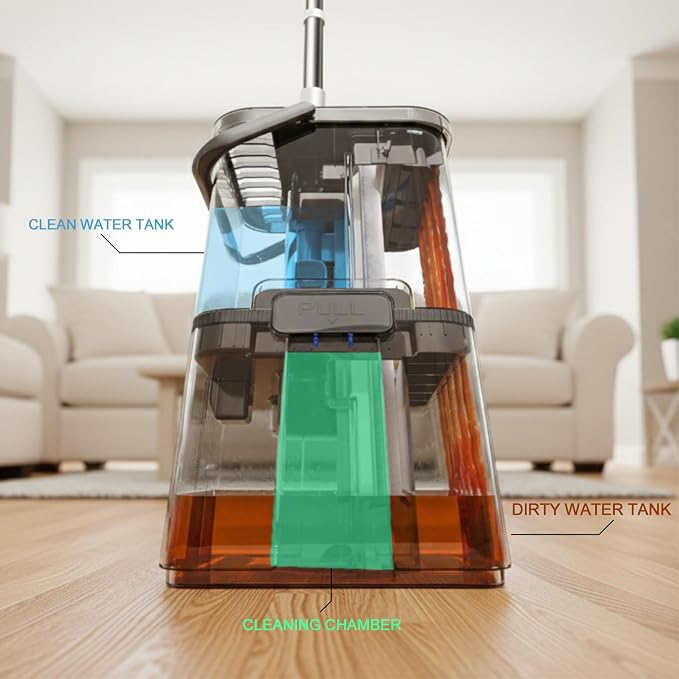 Mop and Bucket Set, Clean Water Separation Floor Dust Flat Mop | Includes 4 microfiber pads for cleaning hardwood, tile, marble and laminate floors. Features a visual clean water tank
