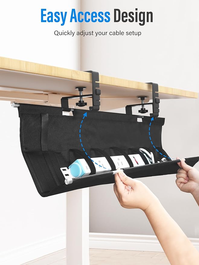 [Upgraded] Large Under Desk Cable Management Tray, Cinati Cable Management Under Desk No Drill, 42" Fabric Cord Hider for Wire Organizer, Cord Organizer for Office, Home - Supports Up to 30lbs Black