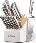Astercook Knife Set for Kitchen with Block Sharpener 14Pcs Dishwasher Safe | Full Tang Stainless Steel Knives and Anti-Slip Ergonomic Handle Utensils Set