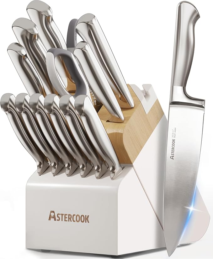 Astercook Knife Set for Kitchen with Block Sharpener 14Pcs Dishwasher Safe | Full Tang Stainless Steel Knives and Anti-Slip Ergonomic Handle Utensils Set