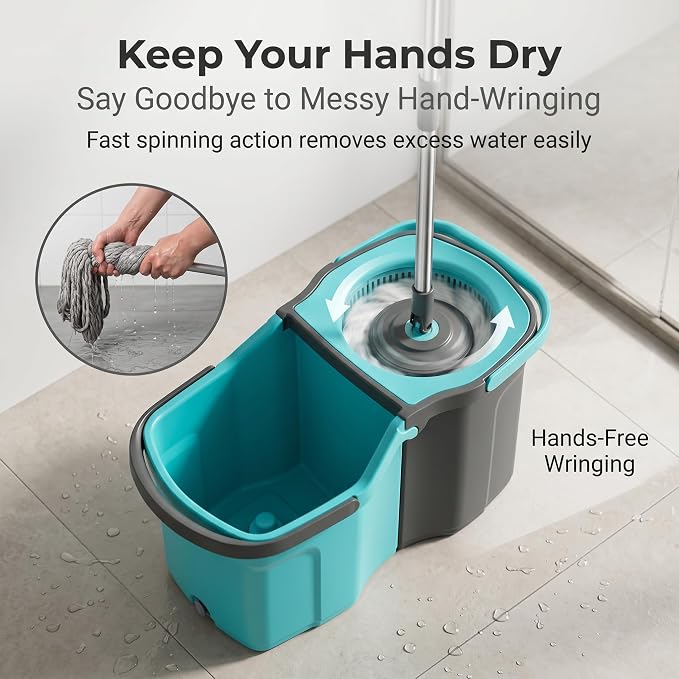 Spin Mop and Bucket Set with Telescopic Handle, Detachable Design, Hands-Free Wringing, 2 Microfiber Mop Heads,Blue/Gray