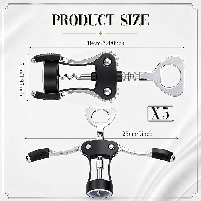 Hushee 5 Pcs Wing Corkscrew Opener, Zinc Alloy Heavy Duty Multifunctional Wine Bottle Opener for Restaurant, Bar, Waiters, Ideal for Wedding Shower Party Favors Gifts (Silicone,Black)