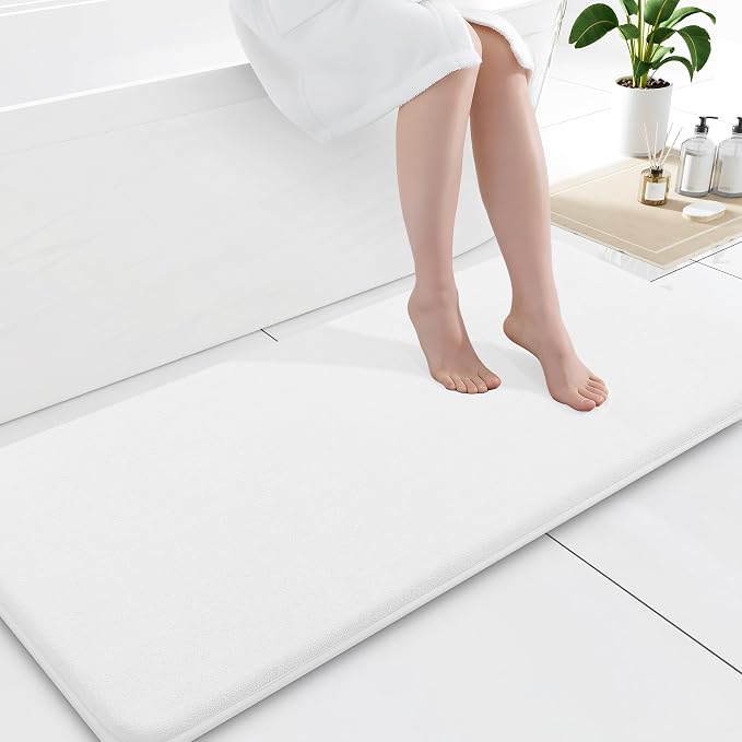 Smiry Memory Foam Bath Mat 47x17, Extra Soft and Absorbent Bathroom Mats, Non Slip Washable Carpet for Floor, Shower and Tub, White