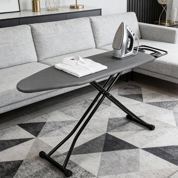 Ironing Board Full Size, Heat Resistant Cover Iron Board with Steam Rest, Ultra Thick Padding, Height Adjustable Heavy Sturdy Metal Frame Legs Ironing Stand,Non-Slip Foldable (54"x13", Round Rest)