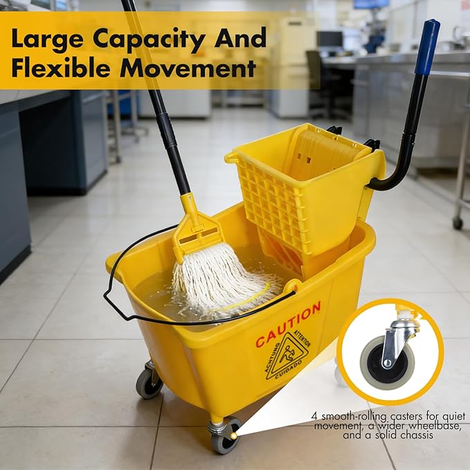 KULED Commercial Mop Bucket with Side Press Wringer, Including Wet Floor Caution Sign and One Industrial Mop with 2 Mop Heads, for Floor Cleaning and Mopping, 38 Quart, Yellow