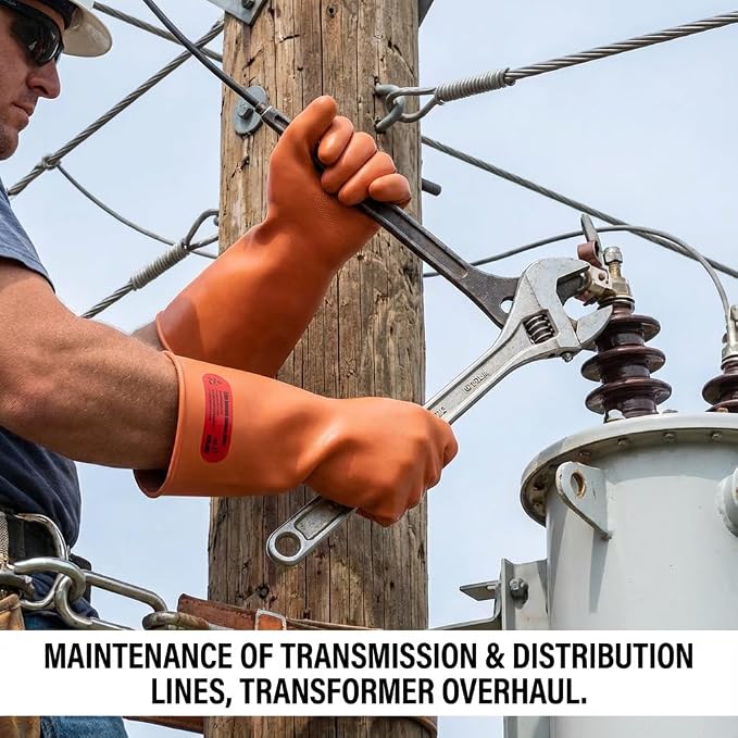Class 2 Insulated Gloves, ASTM D120, 17000V, 1 Pair, Yellow | High voltage dielectric rubber gloves for linemen & electricians. Electrical safety PPE, arc flash protection.