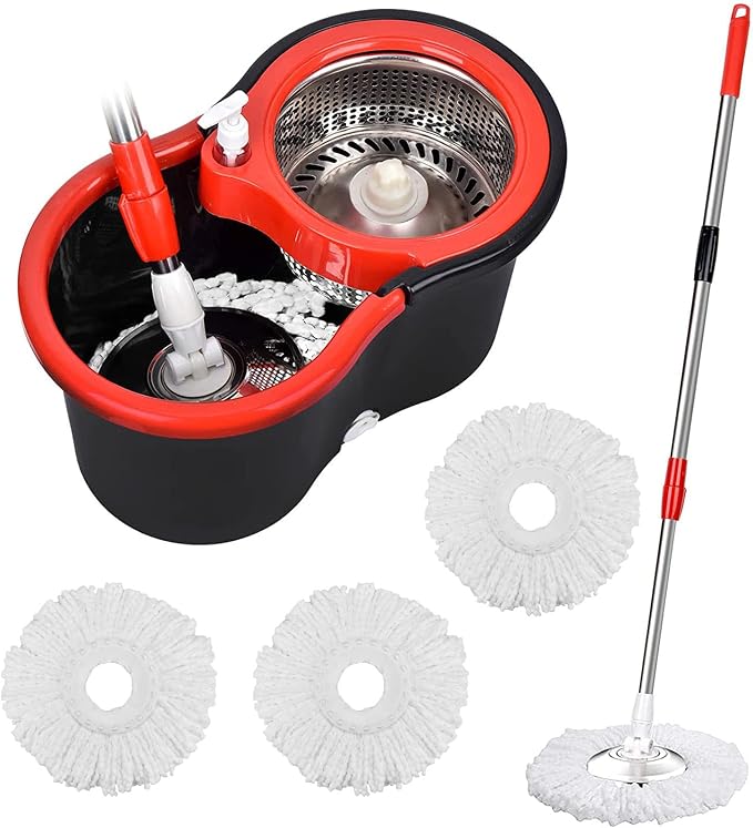 Spin Mop and Bucket with Wringer Set, 3 Mop Refills, 61" Stainless Handle | 360° Spinning Mop System with Stainless Steel Extended Handle & 3 Microfiber Refills for Floor Cleaning