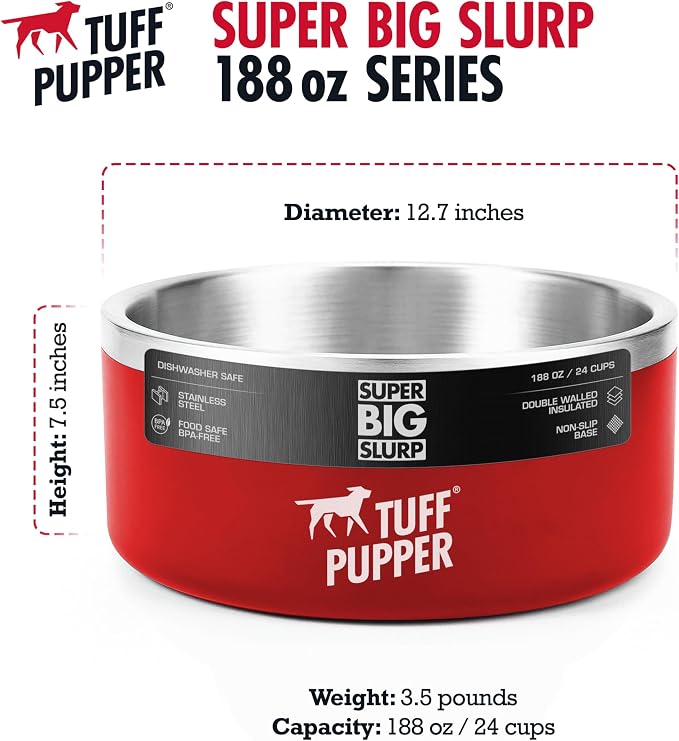 Tuff Pupper Heavy Duty Insulated Dog Bowl | Double Wall Stainless Steel Dog Food Dish | Non-Slip Spill Proof Dishwasher Safe Cat Bowl | Water Dish for Feeding Large Medium Small Pets (188oz, Red)