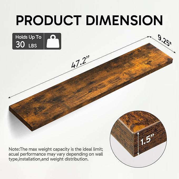 BAYKA Floating Shelves, 47.2 inches Long Wall Mounted Rustic Wood Shelves for Bathroom, Bedroom, Living Room, Kitchen, Office, Hanging Shelf for Books/Storage/Decor(Rustic Brown,Set of 2)