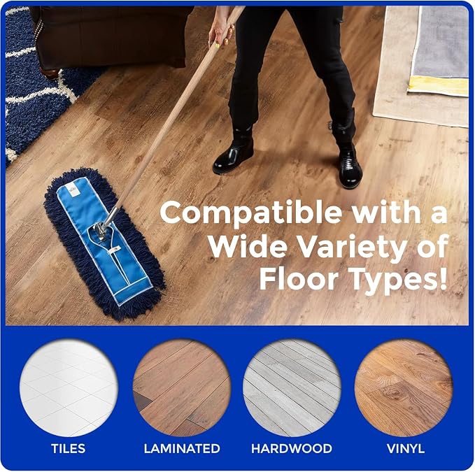 Nine Forty 48" Premium Nylon Dust Mop with Wood Handle - Heavy Duty Mop Head for Industrial, Commercial, and Residential Cleaning - Dry Floor Duster for Hardwood Surfaces and Commercial - Blue