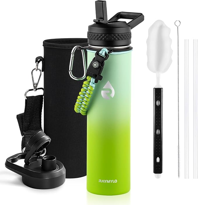RAYMYLO Insulated Water Bottle 24 oz, Triple Wall Vacuum Stainless Steel (Cold for 24Hrs, Hot for 12Hrs), Leak Proof & Non-BPA, Modern Water Flask Jug with Paracord Handle & Straw Spout Lids
