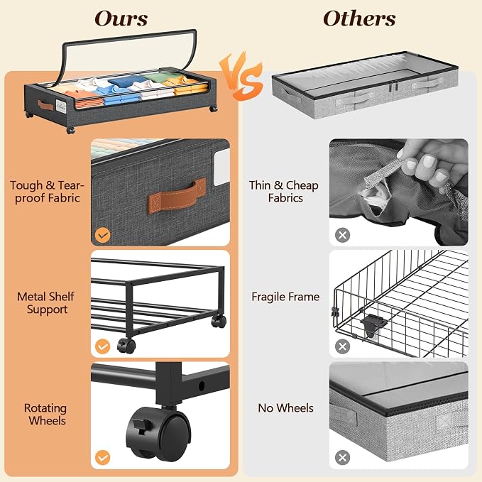 Yecaye 70L Under Bed Storage with Wheels, 2Pack Larger Capacity Under Bed Storage Containers, Underbed Shoe Storage Organizer, Rolling Under Bed Metal Drawers for Shoes, Clothes, Hemp Grey