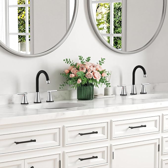 Bathroom Faucets for Sink 3 Hole, Hurran Black& Chrome Bathroom Sink Faucet with Pop-up Drain and Supply Lines, Stainless Steel Lead-Free Widespread Faucet for Vanity RV Farmhouse Sink