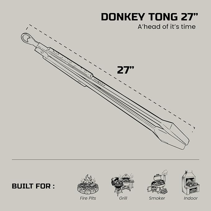 Donkey Tong 27" Heavy Duty BBQ Tongs | Extra Long Grill Tongs with Oak Wood Handle | Handmade Stainless Steel Meat Tongs for Grilling, Smoking, Charcoal & Campfire Cooking | BBQ Gift for Grill Masters