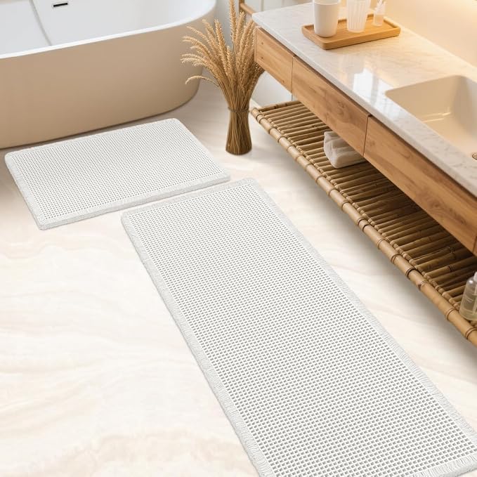IM HOME Waffle Bath Mat Set 2 Piece White,Woven Modern Bath Rug Mats, Absorbent Non Slip Bath Floor Mat, Soft Washable Boho Bath Rugs with Tassels for Bathroom, Bedroom, Kitchen,Tub