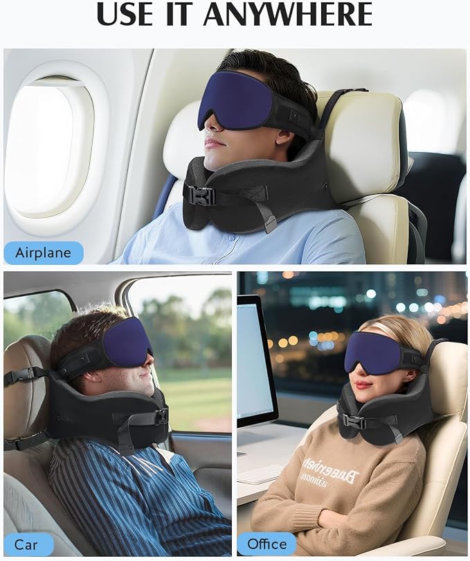 YFONG Travel Pillow for Long Flight Airplanes, Head Strap Combo with 3D Contoured Eye Mask for Sleep, Neck Pillow for Car Trip Essential, 360° Support Memory Foam Headrest, Prevent Bobbing, Blue