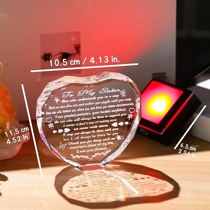 Arikyrist Gifts for Sister Mothers Day Sister Birthday Gifts Crystal Heart Keepsake with LED Light Base Sisters Gifts from Sister Brother for Christmas