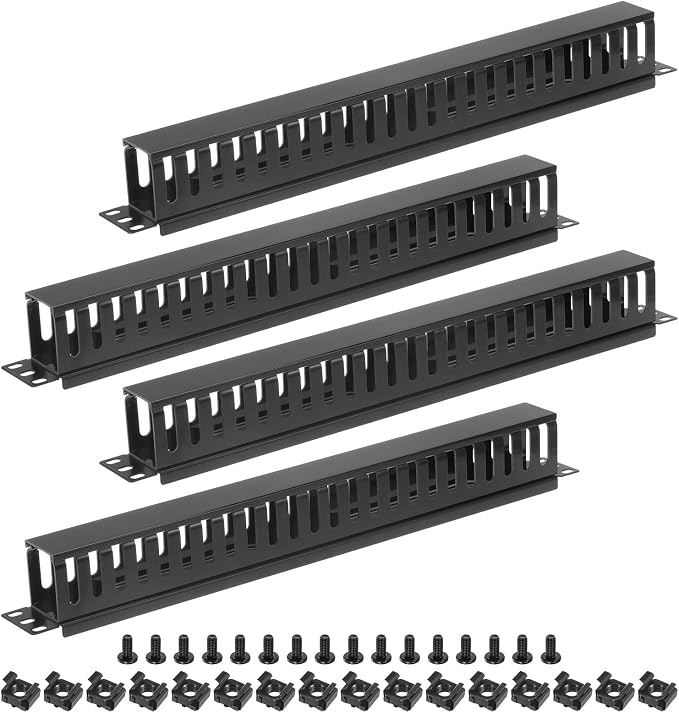 PATIKIL 1U 19 Inch Cable Manager, 4 Pack 24 Slot Horizontal Rack Mount Wire Management Metal Finger Duct Wire Organizer for Network Cabinet, Black