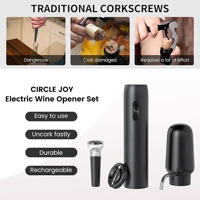 CIRCLE JOY Electric Wine Opener Set 4-in-1 Automatic Corkscrew with Rechargeable Wine Aerator Pourer, Foil Cutter, Vacuum Wine Stopper | Premium Gift Box for Wine Lovers, Black