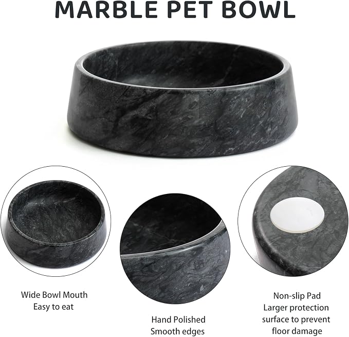 SAMAH Black Marble Dog Bowl, Non-Slip Non-Tipping Heavy Dog Food Bowl, Large Weighted Stone Dish, Natural Marble Dog Water Bowl, Easy to Clean, Gifts for Cat & Dog Lovers, Holds 6 Cups(6 lbs)