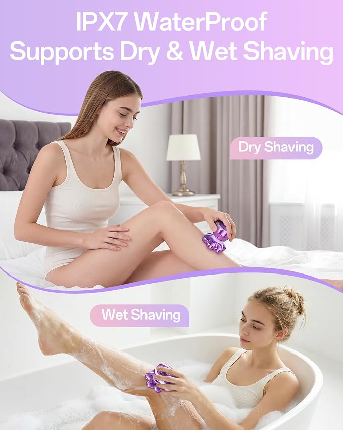 5-in-1 Electric Razors for Women, 7D Magnetic Heads Full Body Shaver, Waterproof Wet Dry Hair Remover with LED Display, Rechargeable Bikini Trimmer for Underarms, Face, Legs, Lips, Arms (Purple)