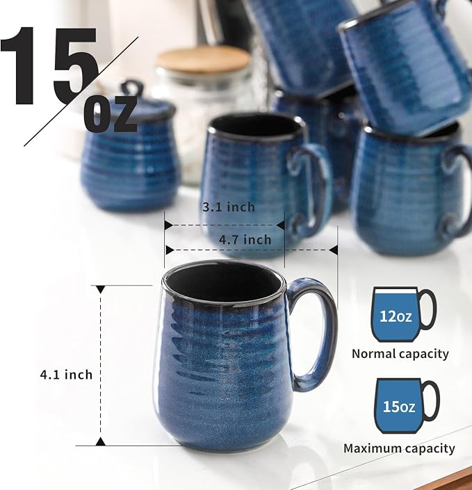 HASENSE Coffee Mugs, 12 Ounce Ceramic Coffee Mug Set of 6, Reactive Glaze Tea Cups with Handle for Milk, Hot Cocos, Latte, Stylish Blue Cup Gift for Man and Women, Dishwasher and Microwave Safe