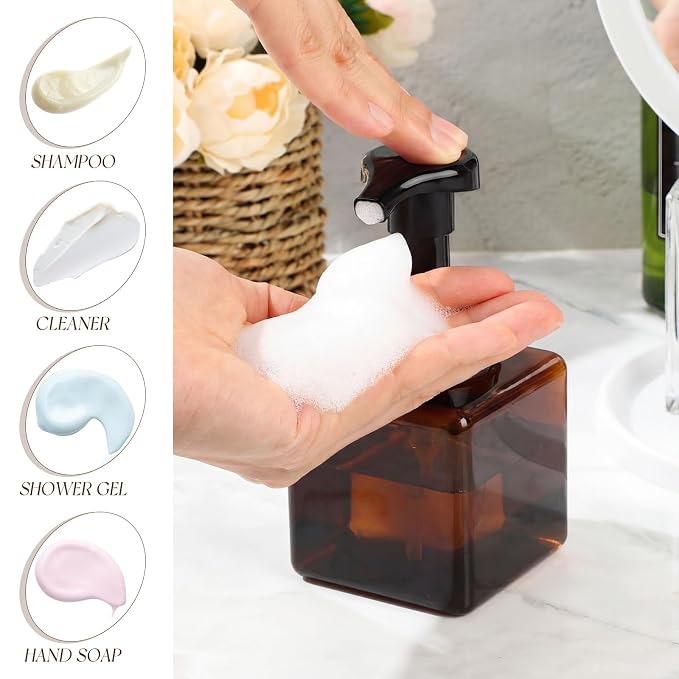 Domensi Foaming Soap Dispenser 8.5 oz Foam Pump Bottle Bulk Empty Travel Foaming Dispenser Refillable Hand Soap Plastic Pump Bottle Travel Clear Container for Bathroom Vanities(12 Pcs,Brown)