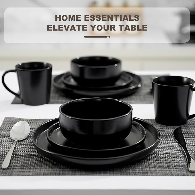 EWFEN Plates and Bowls Sets, 32 Pieces Ceramic Dinnerware Set for 8, Stoneware Dishware Dishes Set, Scratch Resistant Dishes Set, Dishwasher & Microwave Safe, Black