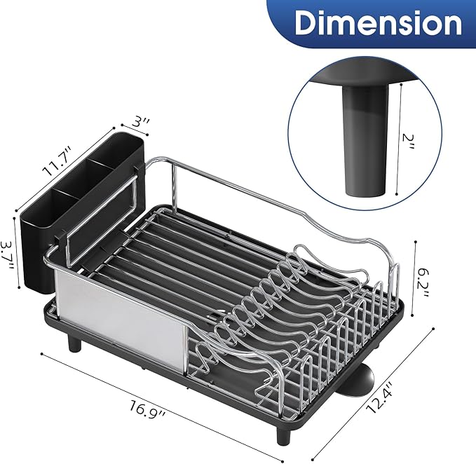 Urackify Stainless Steel Dish Drying Rack - Large Capacity Kitchen Counter Organizer with Drain Board, Utensil Holder & Detachable Cup Shelf, Surgical-Grade Rust-Proof Dish Drainer, Easy Assembly