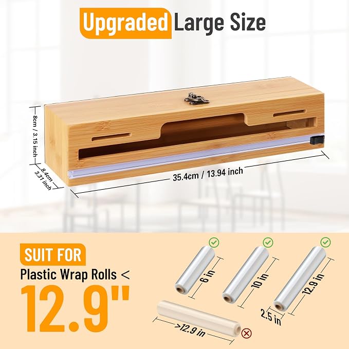 Allinside Magnetic Plastic Wrap Dispenser with Cutter and Labels, Aluminum Foil Holder, Wax Paper Storage Box for Refrigerator, Kitchen Bamboo Organizer Compatible with 12.9" Roll (1 Layer)