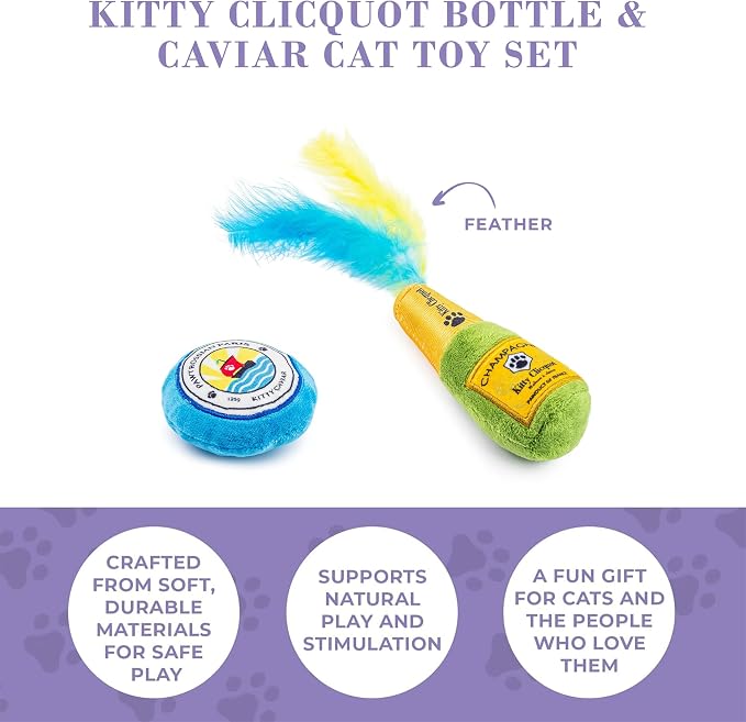 Haute Diggity Kitty Clicquot Champagne & Caviar Set, Plush Cat Toys Catnip Filled with Interactive Crackle Sound, Safe, Durable Toys for Cat & Kitten, 2 Pcs