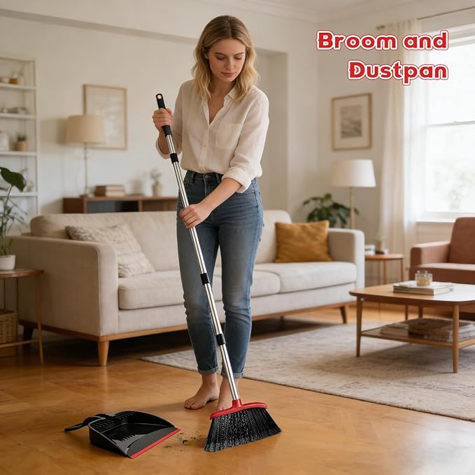Broom and Step-on Dustpan Set, 59-in Adjustable Long Handle Broom with Dustpan Combo Set Outdoor Angle Broom for Sweeping Indoor Dust Pet Hair for Cleaning Kitchen Garage Deck Patio, Black&Red