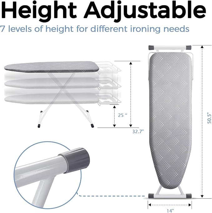 SheeChung Ironing Board 13"x43",Full Size Iron Board with Rest,Adjustable | Compact Iron Table,Foldable,Heat Resistant Cover with Padding,7 Adjustable Height,Heavy Duty Sturdy Legs,Steel Mesh Top