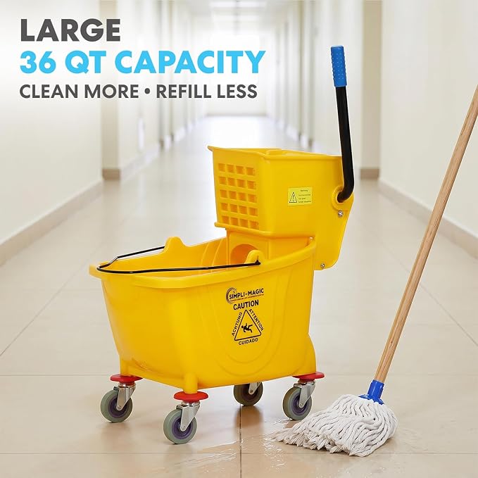 Simpli-Magic Commercial Mop Bucket with Side Press Wringer, 36 Quart, 50,000 Cycles Wringer, Industrial Mop Bucket with Wheels, Yellow, 79538A