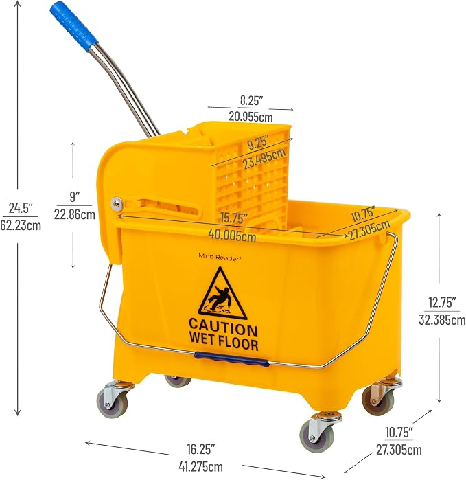 Mind Reader Mop Bucket with Wringer (Mop Not Included), 5.5 Gallon Cleaning Bucket with Wheels and Handle, Upward Press Wringer, Small Mop Compatible, Yellow