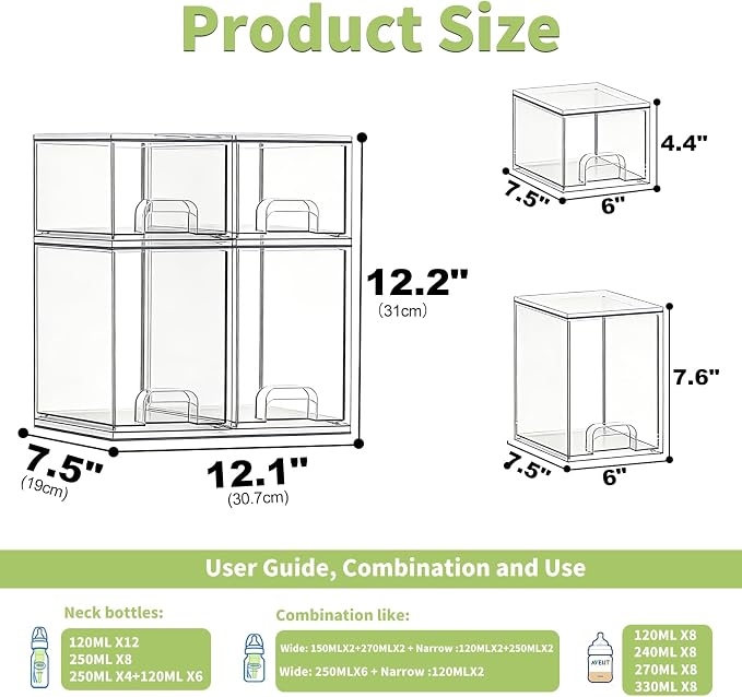 Baby Bottle Storage Organizer: Clear Stackable Storage Drawers, Acrylic Bottles Station Organizer Container for Countertop, Vanity, Bathroom, Cabinet Organization - 4 Pack