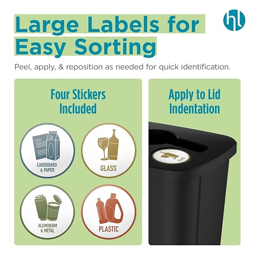 Home Logic Recycling Bin System, 3 Pack Waste Sorting Containers with Stickers, Plastic Trash Cans for Kitchen Garage Home Recycling Organization, 13 Gallon, Black