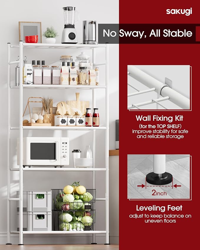 Sakugi Storage Shelves - 5 Tier Shelf Organizer, Heavy Duty Garage Shelving Unit with Leveling Feet, Stable Metal Shelves Organizer for Pantry, Kitchen and Closet, 33.0" W x 12.6" D x 72.0" H, White