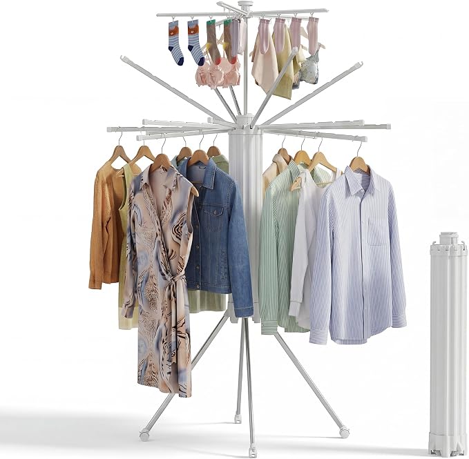RFOUO Clothes Drying Rack Aluminum-4 Legs 16rods Double Layer, Portable Foldable Drying Rack,Space Saving Laundry Drying Rack,Drying Rack Clothing for Laundry Bedroom Household