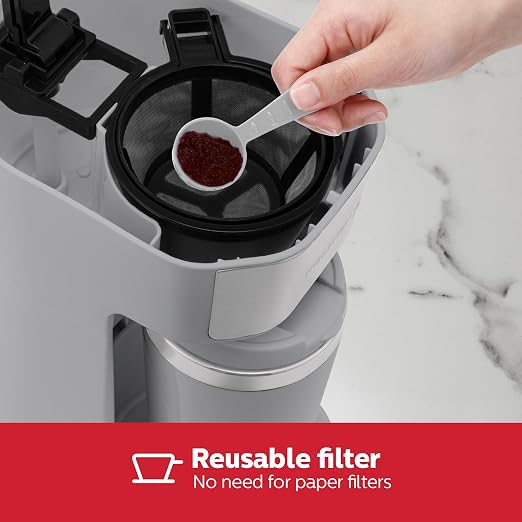 Holstein Housewares Personal Coffee Maker with 14oz Travel Mug – Compact One-Touch Brew Machine with Reusable Filter, Auto Shut-Off, Non-Stick Plate, Ideal for Home, Office, or Dorm. Grey