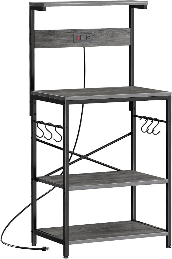SUPERJARE Kitchen Bakers Rack with Power Outlet, Coffee Bar Table 4 Tiers, Kitchen Microwave Stand with 6 S-Shaped Hooks, Storage Shelf Rack for Spices, Pots and Pans - Charcoal Gray