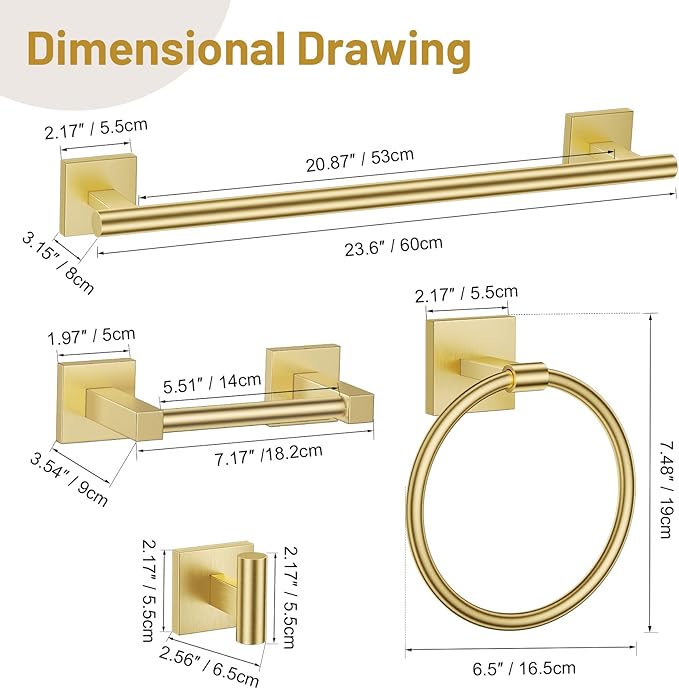 Lairuier 5 Pieces Bathroom Hardware Set Brushed Gold Towel Bar Set Includes 23.6” Towel Bar, Towel Ring Holder, Toilet Paper Holder and Two Towel Hooks, Bathroom Accessories Set SUS304 Wall Mounted