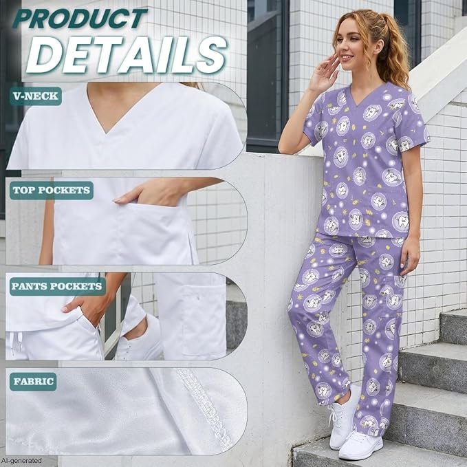 Gomyblomy Women's Scrubs Suit 3-Piece Set | Teeth Print V-Neck Top & Pants & Cap, Breathable and Stretch Fabric, S-5XL